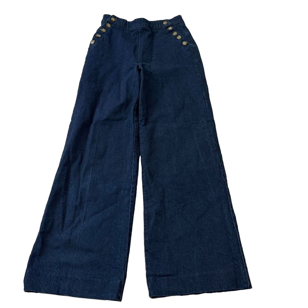 Sezane Trouser Jeans Womens 40 US 8 Blue Wide Leg High Waisted Double Buttons